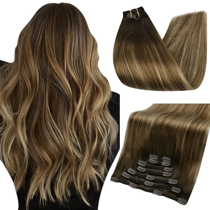 Full Shine Clip in Hair Extensions Brown Balayage Remy Human Hair Extensions Clip ins 14 Inch Double Weft Balayage Dark Brown to Honey Blonde Straight Hair Extension 7 Pcs 120 G