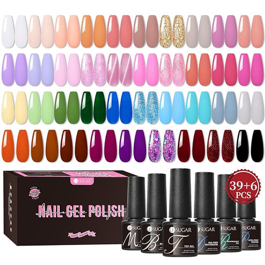 UR SUGAR 45PCS Gel Nail Polish Set, 39 Colors Fall Winter Gel Polish Set with 6 Pcs Base and Glossy Matte Top Coat All Seasons Collection Pink Red Blue Colorful Gel Polish Gifts for Women