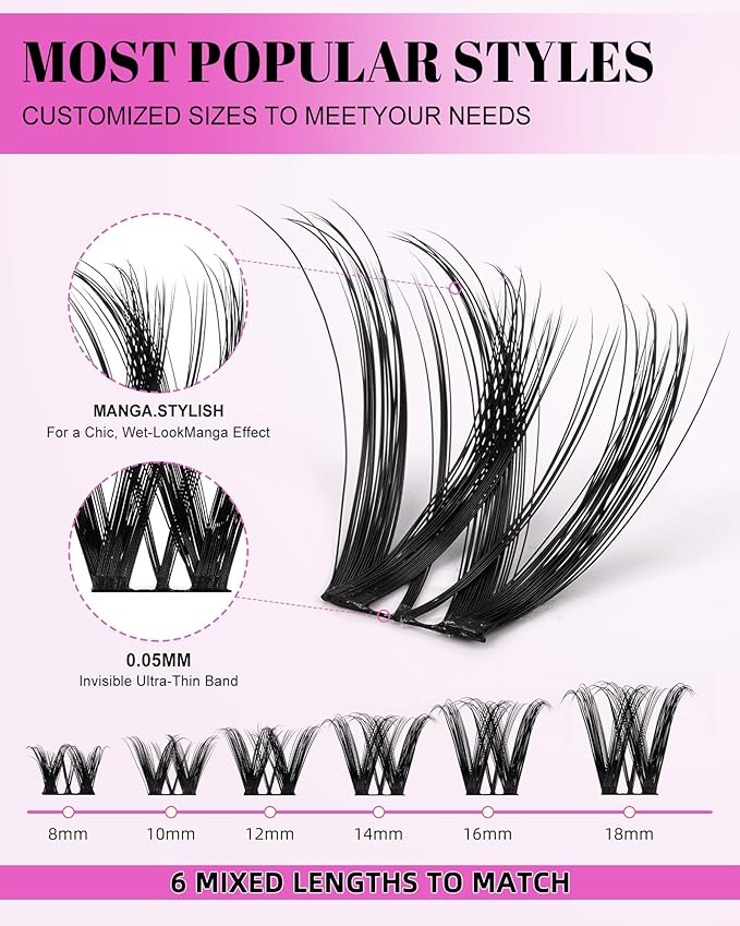Flora Lash Clusters Kit Wispy Fluffy 8-18mm Hybrid Volume Eyelashes Cluster Extension Kit D Curl Individual DIY False Lash Extension Kit with Lash Bond and Seal, 0.05mm Thin Invisible Black Lash Band