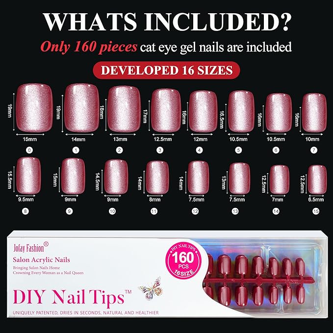Wine Red Cat Eye Christmas Press on Nails Short - Translucent Red, Jofay Fashion 5 Set Short Square Fake Nails Acrylic False Nails Reusable Full Cover Stick on Nails for Women Girls Gift