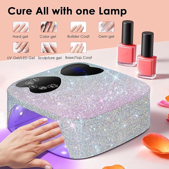 UV LED Nail Lamp Cordless, HUITINE 80W Rechargeable UV Light for Gel Nails, Professional Gel Light Dryer with 5 Timers & Mirror Base, Sparkling Rhinestones Diamond Curing Lamp for Salon & Home