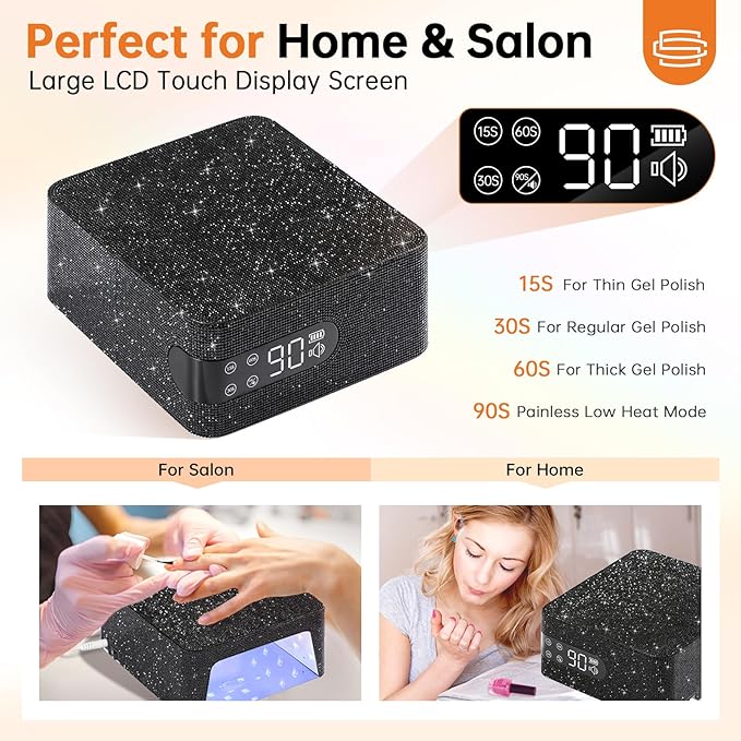 UV LED 96W Nail Lamp Professional Salon Nail Dryer Sparkly Gel Polish Light with 4 Timer Setting Quick Dry Curing Lamp with LCD Display Touch Screen Auto Sensor Home Black Diamond Rhinestone