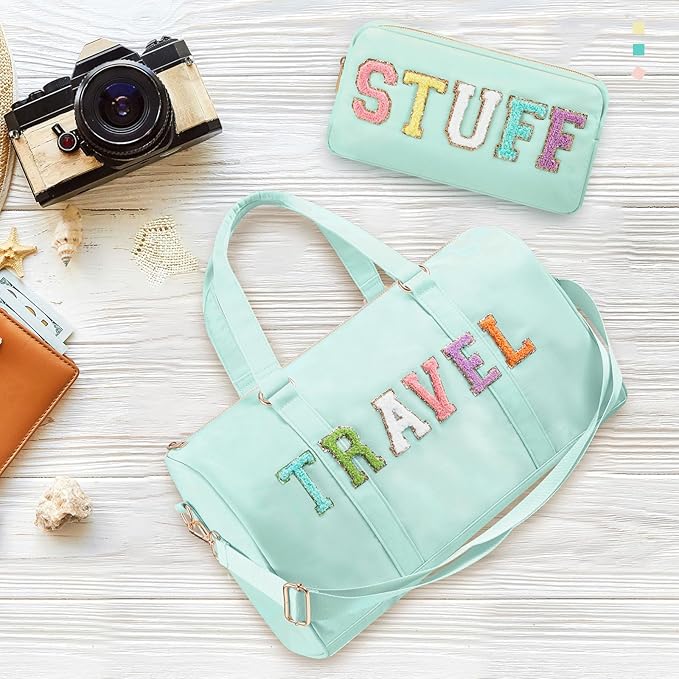 2 Pcs Preppy Chenille Letter Duffle Bag and Makeup Pouch, Travel Tote Bag Cosmetic Zipper Patch Makeup Bag (Mint Green)