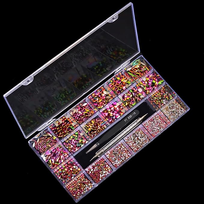 12 Types of Colorful 600 Diamonds + 2500 Flat Rhinestones Mix 20 Styles Flatback DIY Crafts Rhinestone Crystals 3D Decorations Flat Back Stones Set +Tweezers + Drill Pen