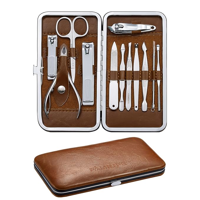 FAMILIFE Manicure Set, Pedicure Kit Nail Clipper Set 13pcs Professional Men Grooming Kit and Men and Women 12 Pieces Grooming Kit with Luxurious Leather Travel Case