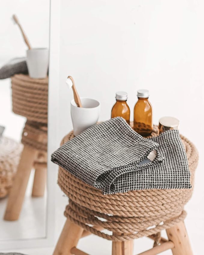 Pure 100% Linen Hand Towels - Set of 2 Linen Kitchen Towels Waffle Weave Black-Natural - 13 x 29-inch Soft Lightweight Stone-Washed Dish Towels - Quick-Dry Tea Towel - Kitchen Linens