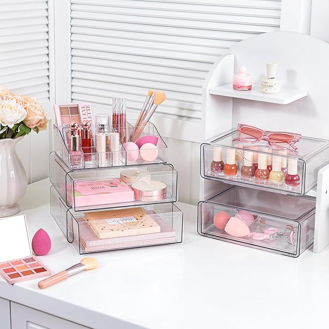 Vtopmart 3 Tier Clear Makeup Organizer with Drawer, Cosmetic Storage for Dresser Countertop and Bathroom Vanity, Beauty Holder for Lipstick Brush Skincare