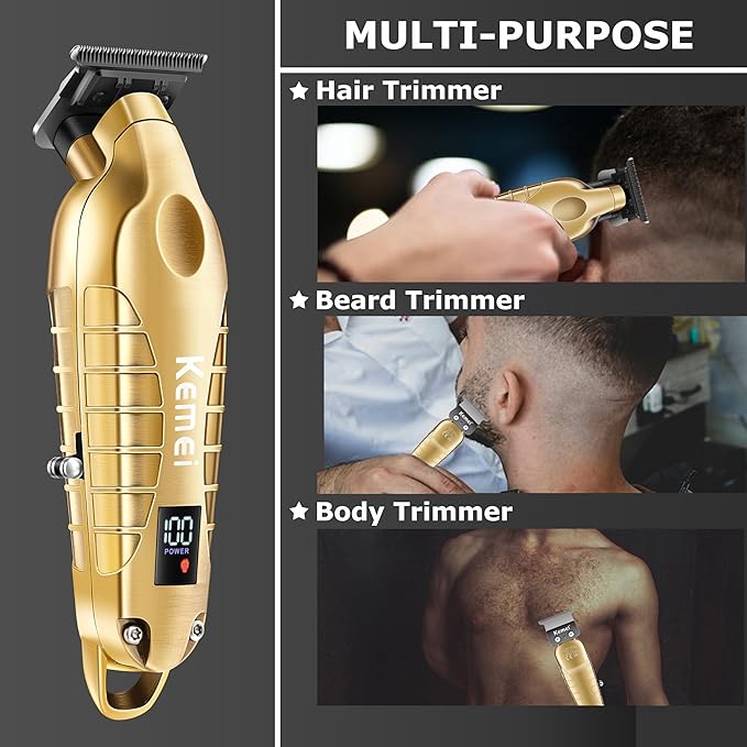 KEMEI 2293 Professional Hair/Beard Trimmer for Men Zero Gapped Hair Clippers for Barber with T Blade, Cordless Rechargeable, Gold