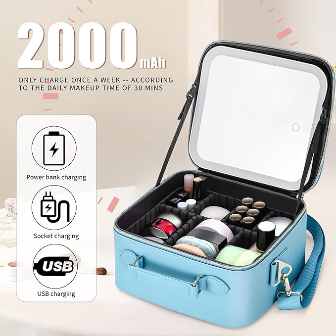 Travel Makeup Bag with LED Mirror, Cosmetic Train Case with Lighted Mirror, Waterproof Makeup Organizer Case for Brush Holder Storage, Travle Toiletry Bag for Women Gift