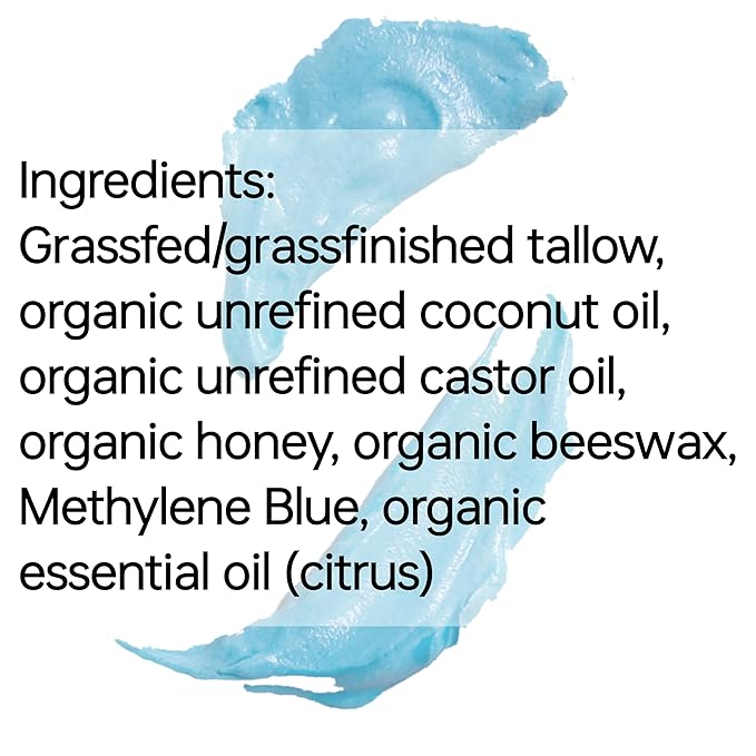 Methylene Blue Infused Whipped Grass Fed Beef Tallow Balm for Healthy Skin, Anti-Aging, Fullbody Moisturizer, Stretchmarks, Rosacea, Psoriasis, Eczema, Acne, All skin types, Organic Ingredients 1.7oz