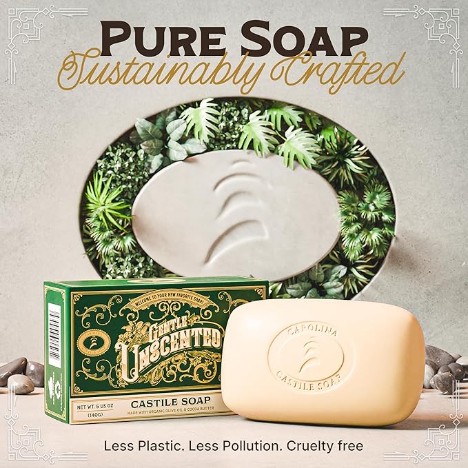 Castile Unscented Bar Soap – 1 Natural Soap Barsfor Men, Women, and Kids – EWG Verified with raw Organic Cocoa Butter and Olive Oil by Carolina Castile, 5 oz