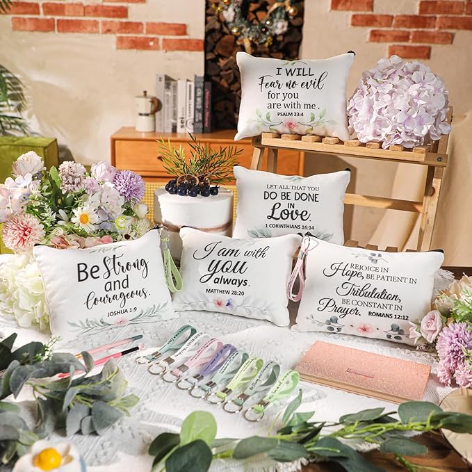 Panelee 48 Pcs Inspirational Gifts Makeup Cosmetic Bag Bulk with Zipper Keychain bibles Employee Appreciation Makeup Bags Motivational Gift for Graduation Women Teacher Coworker Gift(Bible Style)