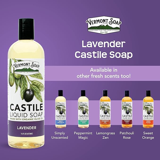 Vermont Castile Soap Lavender, Gentle Liquid Soap for Sensitive Skin & Natural Body Wash, Organic Hair Shampoo for Oily Hair, Aloe Castile Soap for Men & Women - 16 Oz