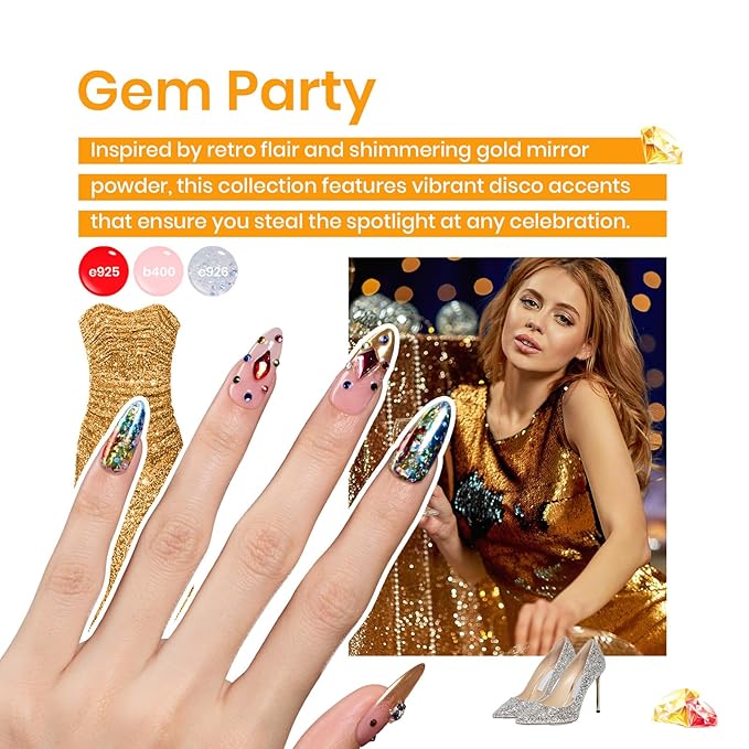 beetles Gel Polish Gem Party Gel Nail Polish with Base & Top Coat, Chrome Nail Powder, Winter PartyNails VintageNails Manicure Kit DIY Collection at home Salon Gifts Beetles X DIY Nail