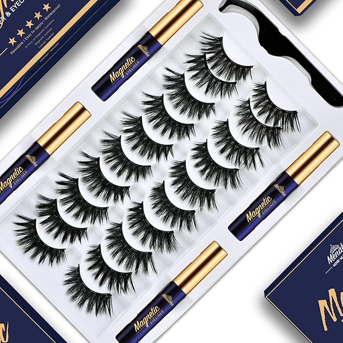 Magnetic Eyelashes with Eyeliner Kit- 3D Cat-eye Magnetic Lashes Kit with Applicator,Updated 4 Tubes of Magnetic Liner & Natural Look, Reusable, Easy to Apply 10 Pairs