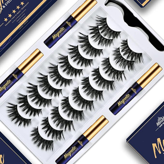 Magnetic Eyelashes with Eyeliner Kit- 3D Cat-eye Magnetic Lashes Kit with Applicator,Updated 4 Tubes of Magnetic Liner & Natural Look, Reusable, Easy to Apply 10 Pairs