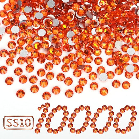 10000PCS Orange Rhinestones Bulk, Flat Back Crystal Glass Stone Round Gems,SS10, 2.7-2.9mm