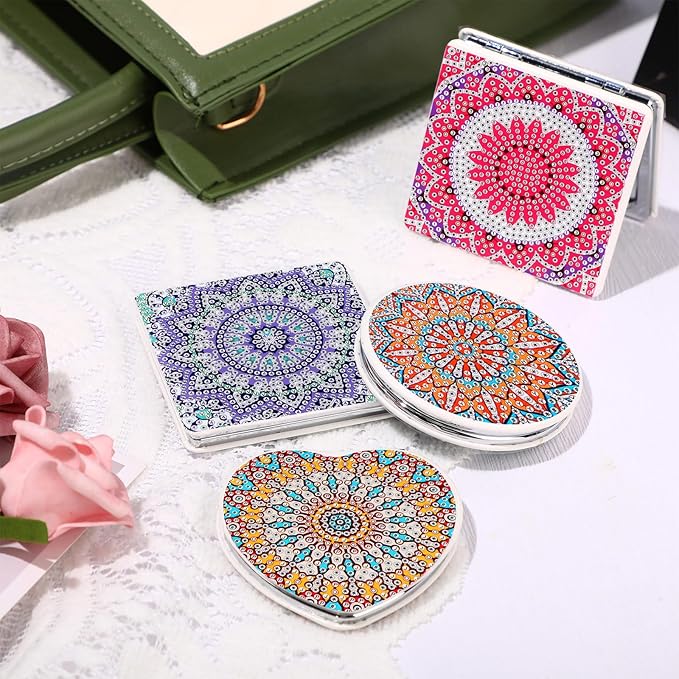 Geetery 12 Pcs Diamond Painting Compact Mirror DIY Mandala Design Pocket Mirror Portable Mini Folding Handheld Magnifying Makeup Mirror Diamond Art Kits for Women Gift Travel Purse 12 Style
