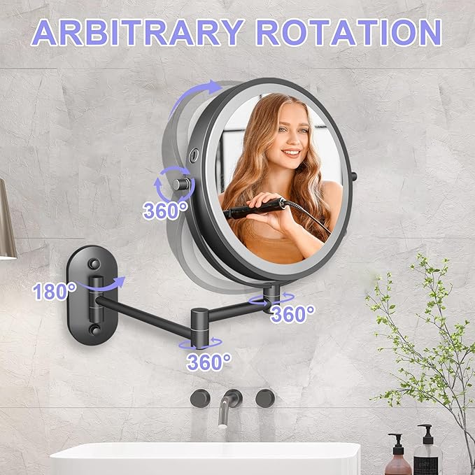 8“Wall Mounted Makeup Mirror With Lights, 10x Magnifying Mirror Wall Mount for Vanity, Bathroom and Shaving, Rechargeable Wall Mounted Makeup Mirror Swing Arm with Adjustable Brightness (Black-10X)