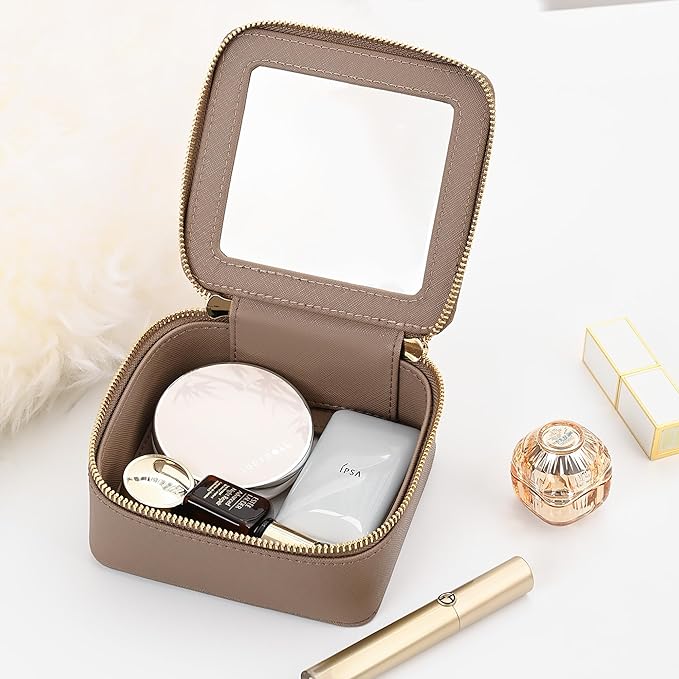 Aveniee Mini Clear Makeup Bag, Small Travel Toiletry Bag Cosmetic Bags TSA Approved, Clear Makeup Case Pouch with Zipper, Car Organizer Essentials for Women Men(Mini-Taupe)