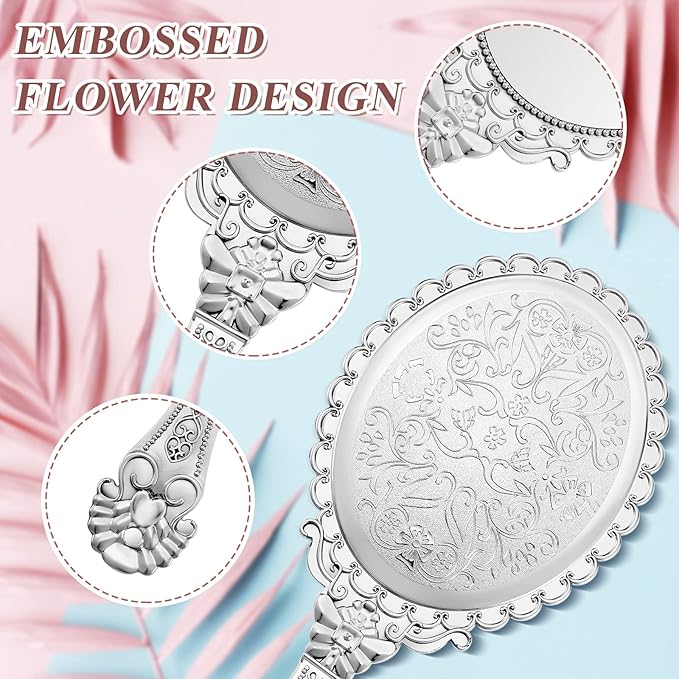 Qunclay 12 Pcs Vintage Handheld Mirror, 9.8" L x 4.5" W Small Sliver Embossed Portable Princess Mirror for Classroom Kids Princess Party Favors Travel