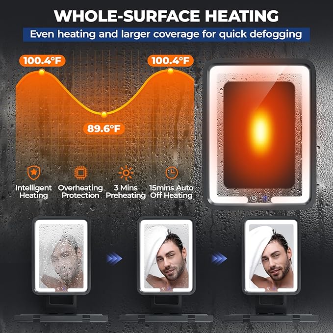 Shower Mirror Fogless for Shaving, Anti Fog Bathroom Mirror with Light, Heated Fog Free Shaving Mirror, 5000mAh Rechargeable Battery with 2 Razor Holders & Storage Tray, 3-Color Dimmable