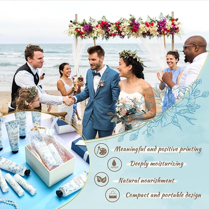 48 Sets 192 Pcs Baby Bridal Shower Hand Cream and Lip Balm Gift Baby Shower Wedding Party Favor Travel Size Hand Lotion and Lip Balm Bulk with Organza Bags Tags for Guests(Blue Flower)