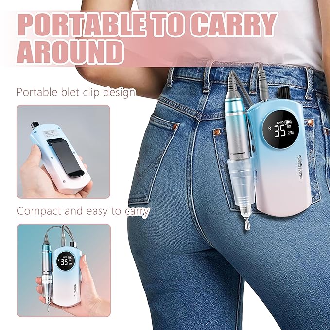 35000RPM Electric Nail Drill, with 4 Ultra Hard Wear-Resistant Ceramic Drill Bits & 6 Metal Nail Drill Machine Bits, Acrylic Gel Nails, DIY Manicure Pedicure Tools for Home and Salon Use (Blue Pink)