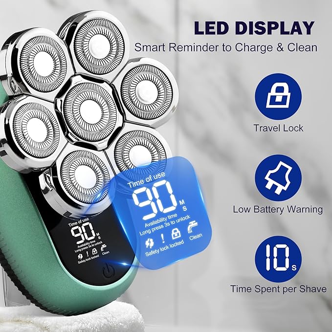 7D Head Shavers for Bald Men - Toncoke Detachable Electric Razor Grooming Kit with Nose Hair Trimmer, IPX6 Waterproof Wet Dry Use LED Display USB-C Rechargeable 6-in-1 Rotary Shaver for Smooth Shaving