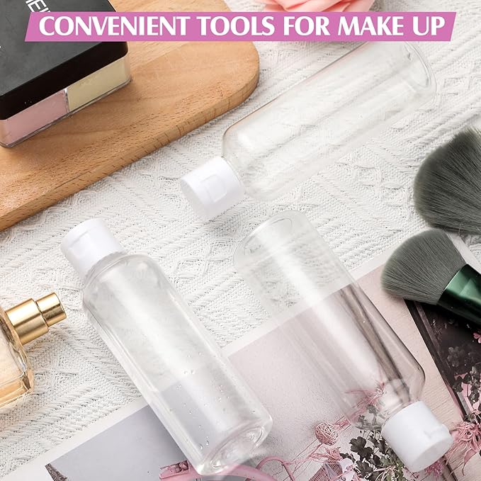 50 Piece 3.4 oz Travel Bottles Set Clear Plastic Refillable Squeeze Bottles with Flip Cap Dispensers and 2 Funnels for Travel-size Liquid Cosmetics(Clear, White)