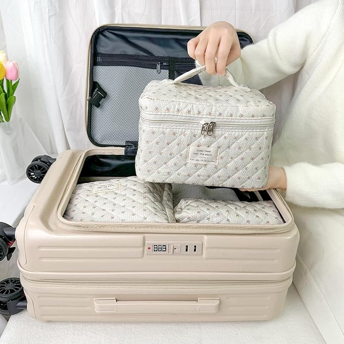 3Pcs Cotton Quilted Makeup Bag for Women Girls, Large Floral Cosmetic Bag Set Cute Makeup Brushes Aesthetic Accessories Storage Bag Little Flower Travel Toiletry Bag Organizer