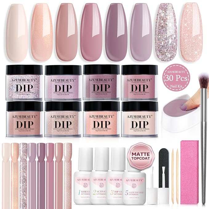 AZUREBEAUTY 30Pcs Dip Powder Nail Kit with Matte Top Coat, 8 Neutral Nude Lilac Colors, Starter Set