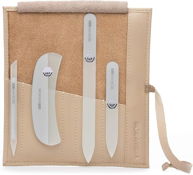 GERMANIKURE Crystal Glass Nail File Set in Beige Leather Case – Handmade in Czech Republic – Professional Manicure & Pedicure Supplies – Glass Cuticle Stick, Pusher, Moon File