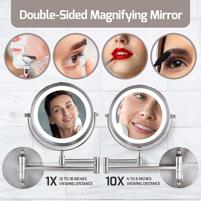 OVENTE 7" Lighted Wall Mount Makeup Mirror with 1X/10X Magnification, Cordless Double Sided Magnifying Round Vanity Mirror, 360° Swivel Design, Extendable and Folding Arm, Nickel Brushed MFW70BR1X10X