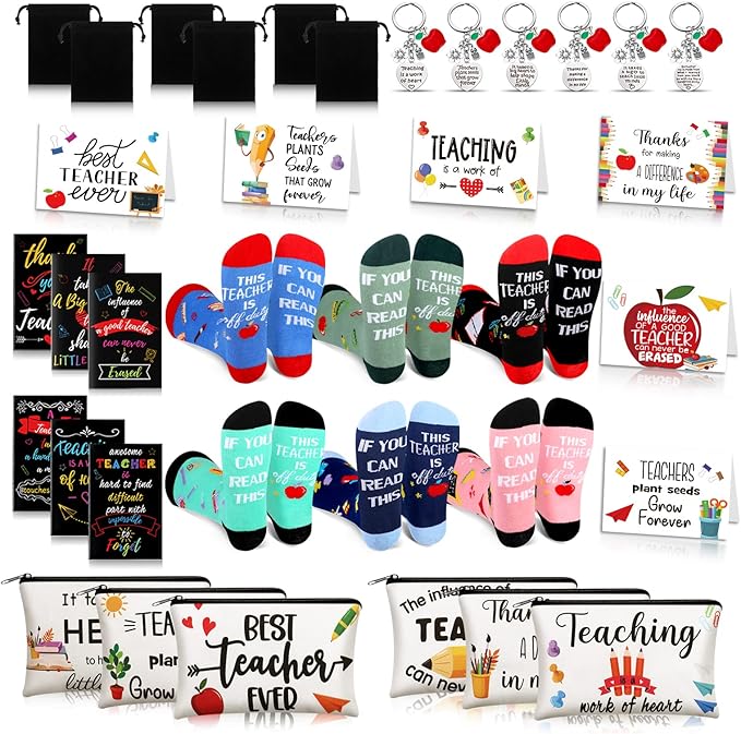 Eaasty 36 Pcs Bulk Teacher Appreciation Gifts Set Teacher Makeup Bag Pouch Cosmetic Pencil Bag Teacher Keychains Inspirational Notebooks Teacher Appreciation Socks Graduation Gift for Teacher