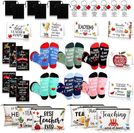 Eaasty 36 Pcs Bulk Teacher Appreciation Gifts Set Teacher Makeup Bag Pouch Cosmetic Pencil Bag Teacher Keychains Inspirational Notebooks Teacher Appreciation Socks Graduation Gift for Teacher