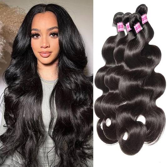 Body Wave 4 Bundles Human Hair 24 26 28 30 Inch 100% Unprocessed Raw Brazilian Hair Bundles Long Ocean Wave Wavy Bundles Body Weave Remy Hair Extensions Natural Color for Women