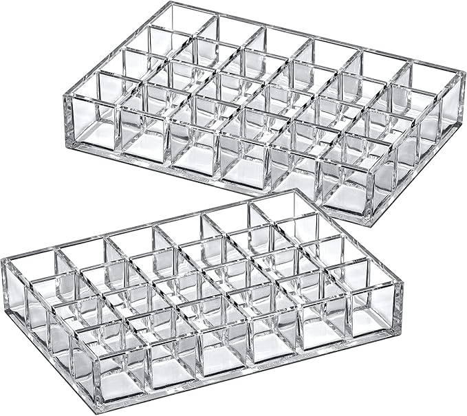 Amazing Abby - Allure - 2-Pack 24-Slot Acrylic Lipstick Organizer, Lipstick Holder, Lip Gloss Holder, Cosmetic Storage Display, Perfect Storage Solution for Drawer and Vanity (Slot Size: 1.0" x 1.0")