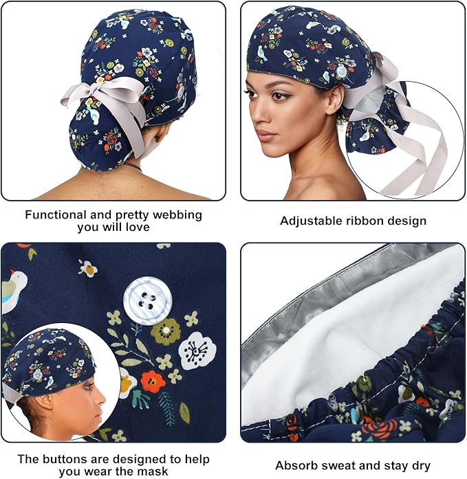 6 Pcs Satin Lined Scrub Caps Women Nurse Surgical Hat with Buttons Ponytail Working Adjustable Pouch Tie Back