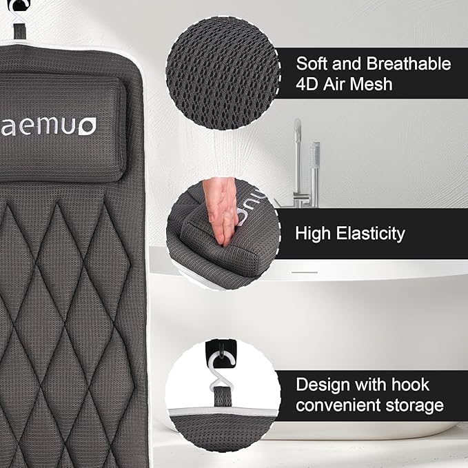 Full Body Bath Pillow Bathtub Pillows-Removable Lumbar Cushion with 17 Non-Slip Suction Cups 4D Air Mesh Fit Any Tub Luxury Bathroom Accessories-Grey