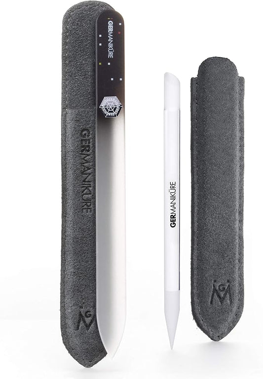 GERMANIKURE Crystal Glass Cuticle Stick & Black Nail File Set in Suede Sleeves – Handmade in Czech Republic – Professional Manicure Supplies – Cuticle Pusher, Callus Remover - Ideal Nail Care Gift