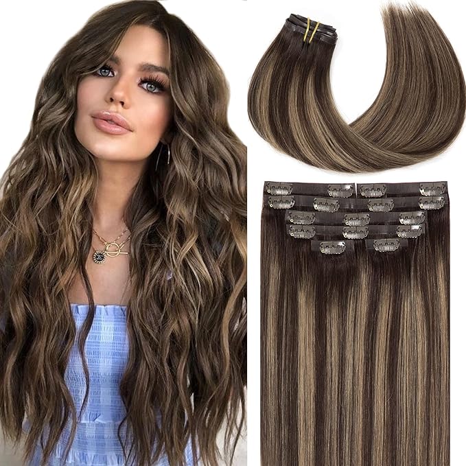 Loxxy Ultra Seamless Hair Extensions Clip in Human Hair,Brown Hair Extensions Real Human Hair,Clip in Extensions Rooted Dark Brown to Chestnut Brown Natural Hair Extensions 7PCS 110G 16inch #R2-2/6