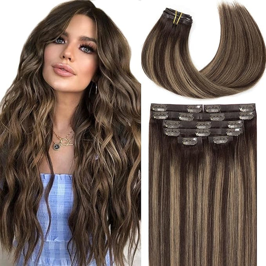 Loxxy Ultra Seamless Hair Extensions Clip in Human Hair,Brown Hair Extensions Real Human Hair,Clip in Extensions Rooted Dark Brown to Chestnut Brown Natural Hair Extensions 7PCS 110G 16inch #R2-2/6