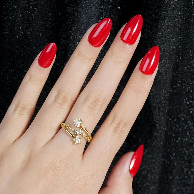 Christmas Fiery Red Press on Nails Set, 160Pcs Short Almond Fake Nails with Fine Glitter Glossy Acrylic False Nails Reusable Full Cover Stick on Nails for Women, 32 Sizes Thicker