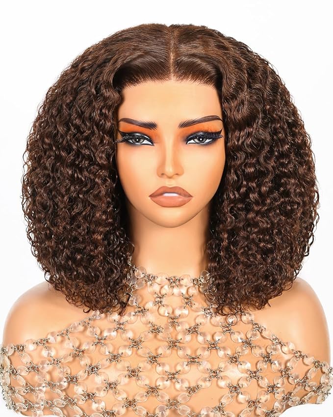 Arabella 5x6 Chocolate Brown Deep Curly Bob Wig Human Hair 210% Density Wear and Go Glueless Wigs Human Hair 4# Brown Bob Wig Lace Front Wigs Pre Cut Lace Pre Bleached Knots(12inch, 5x6 DC Glueless)