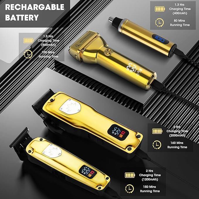 Karrte Professional Hair Clippers and Trimmer Set for Men, T-Shaper Trimmer & Foil Shaver, Nose & Ear Hair Trimmer, Cordless Clippers and Grooming Set, Hair Cutting Kit with LED Display Gold