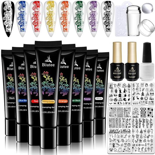 SEISSO 8 Colors Nail Stamping Polish Gels Nail Stamper Kit + 4pcs Nail Stamp Templates + 1 Peel Off Nail Tape Stamp Latex Bose Coat & Top Coat with Scraper Flower Holiday Art Design Gift DIY Manicure