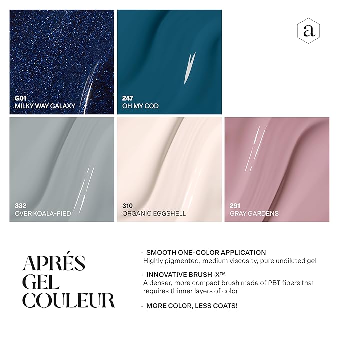Apres Gel Couleur Combo Set, 5 Color Gel Nail Polish, Bright Nude Pastel Colors with Brush-X Nail Art Brush, 2024 Edition (Set 18)