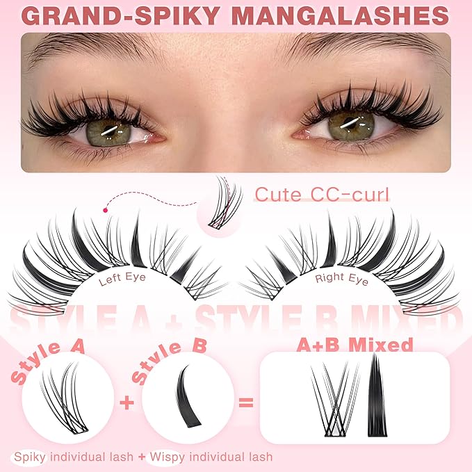 Manga Lash Clusters Kit Wispy Eyelash Clusters & Spiky Individual Lashes Mixed Cluster Eyelash Extensions Kit 10-16mm DIY Lash Extension Kit C Curl Wet Look Anime Cluster Lash Kit