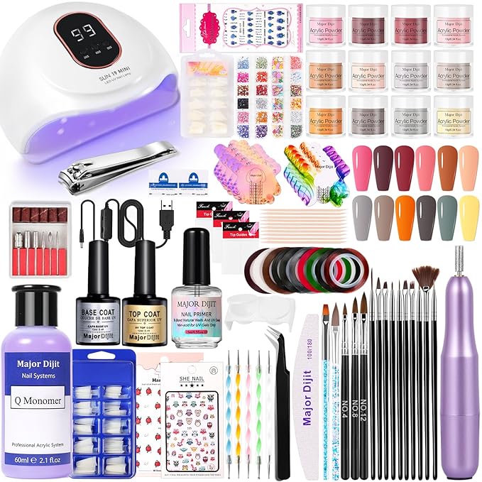 Major Dijit Acrylic Nail Kit with Drill 12 Colors Acrylic Powder Acrylic Liquid Top Coat Base Coat Nail Primer Set for Beginners with Everything DIY Nail Art Tool Gift Home Salon